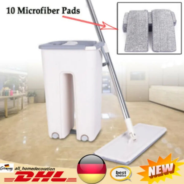 Floor Wiper Mop Set with Bucket and 10 Microfiber Cleaning Pads