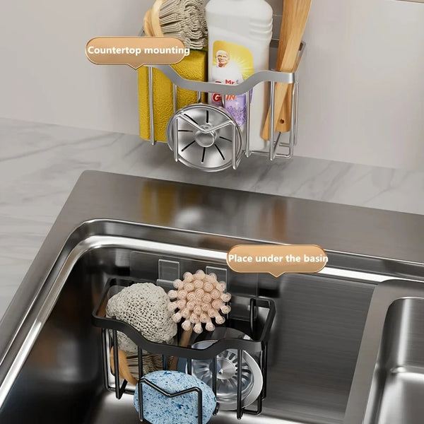 Stainless Steel Sink Caddy with Brush Holder and Drain Tray