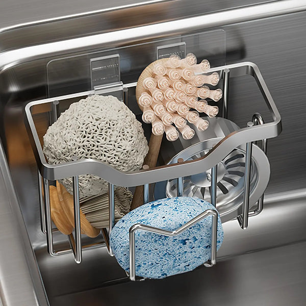 Stainless Steel Sink Caddy with Brush Holder and Drain Tray