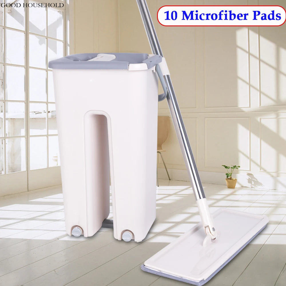 Floor Wiper Mop Set with Bucket and 10 Microfiber Cleaning Pads