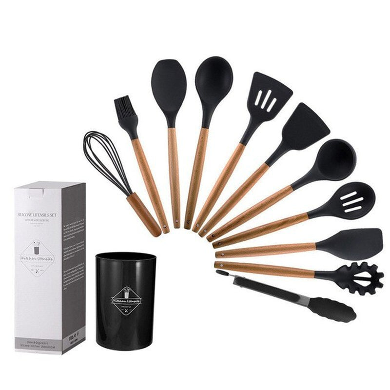 12Pcs/Set High Temperature Resistant and Non Stick Pot Spatula Spoon with Storage Bucket