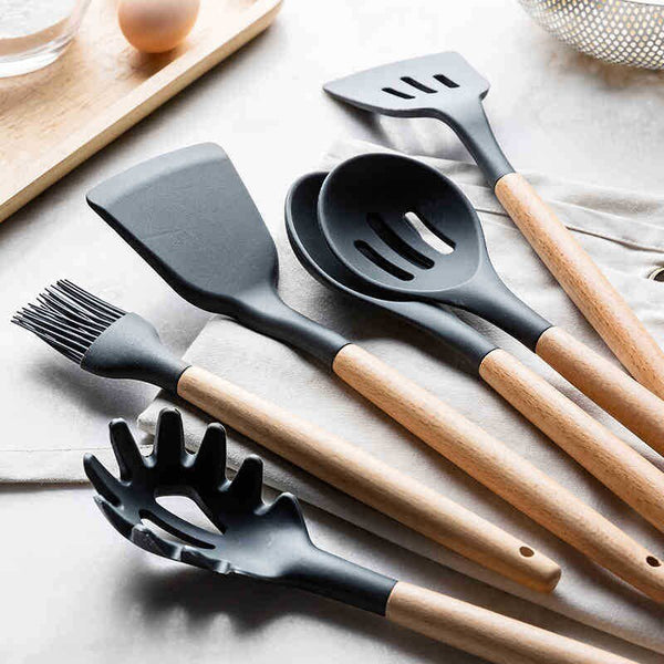 12Pcs/Set High Temperature Resistant and Non Stick Pot Spatula Spoon with Storage Bucket