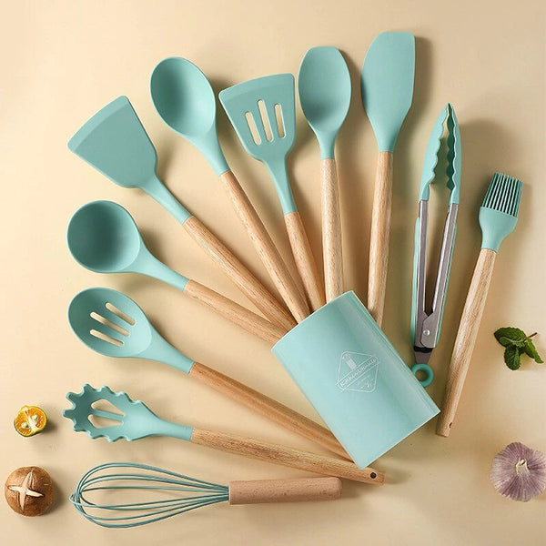 12Pcs/Set High Temperature Resistant and Non Stick Pot Spatula Spoon with Storage Bucket