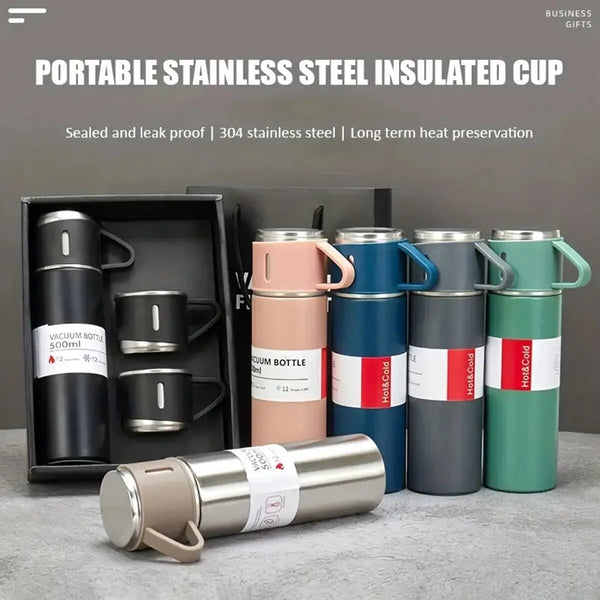 3Pcs/Set Double-Layer 304 Stainless Steel Insulated Portable Water Bottle with Three Lids