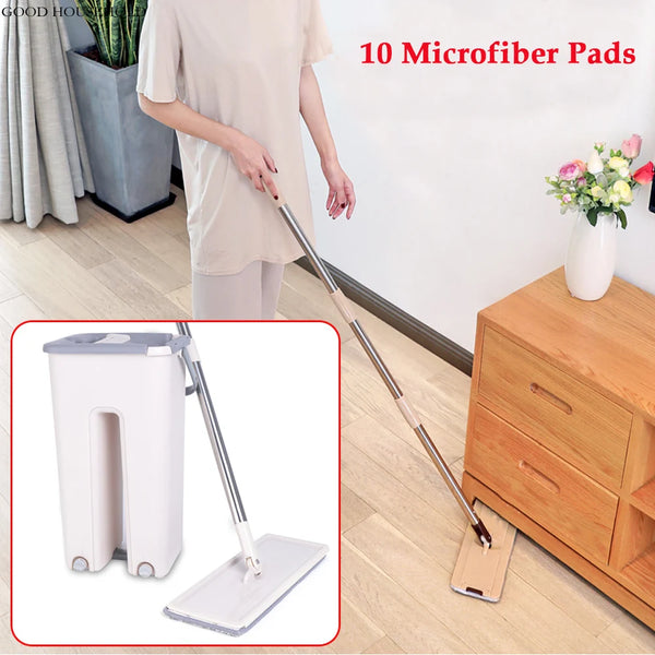 Floor Wiper Mop Set with Bucket and 10 Microfiber Cleaning Pads