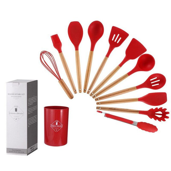 12Pcs/Set High Temperature Resistant and Non Stick Pot Spatula Spoon with Storage Bucket