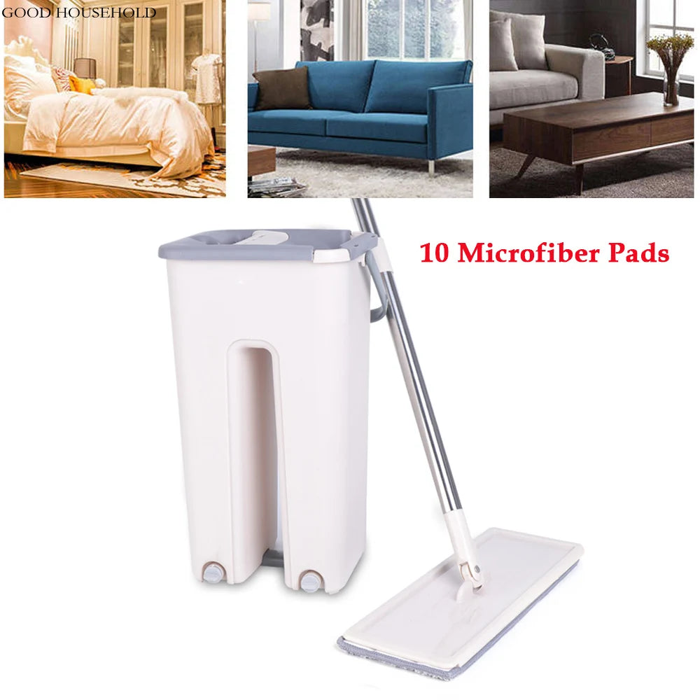 Floor Wiper Mop Set with Bucket and 10 Microfiber Cleaning Pads